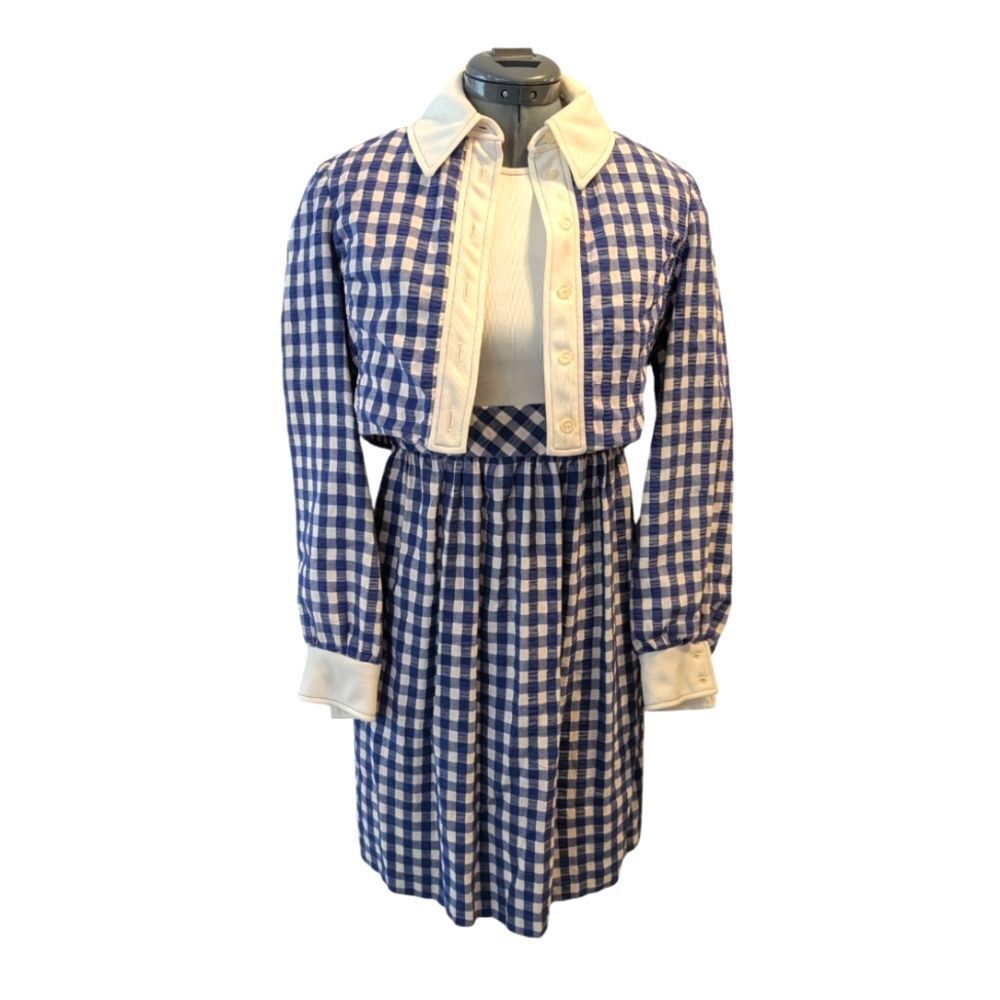 Vintage 60s 70s MCM Women's Blue White Checkered‎ 2 Piece Jacket & Dress